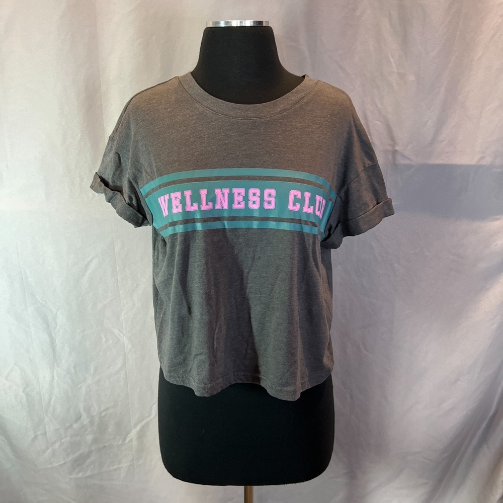 Fit Collective Cropped T Shirt Womens Large Charcoal Gray Wellness Club Graphic